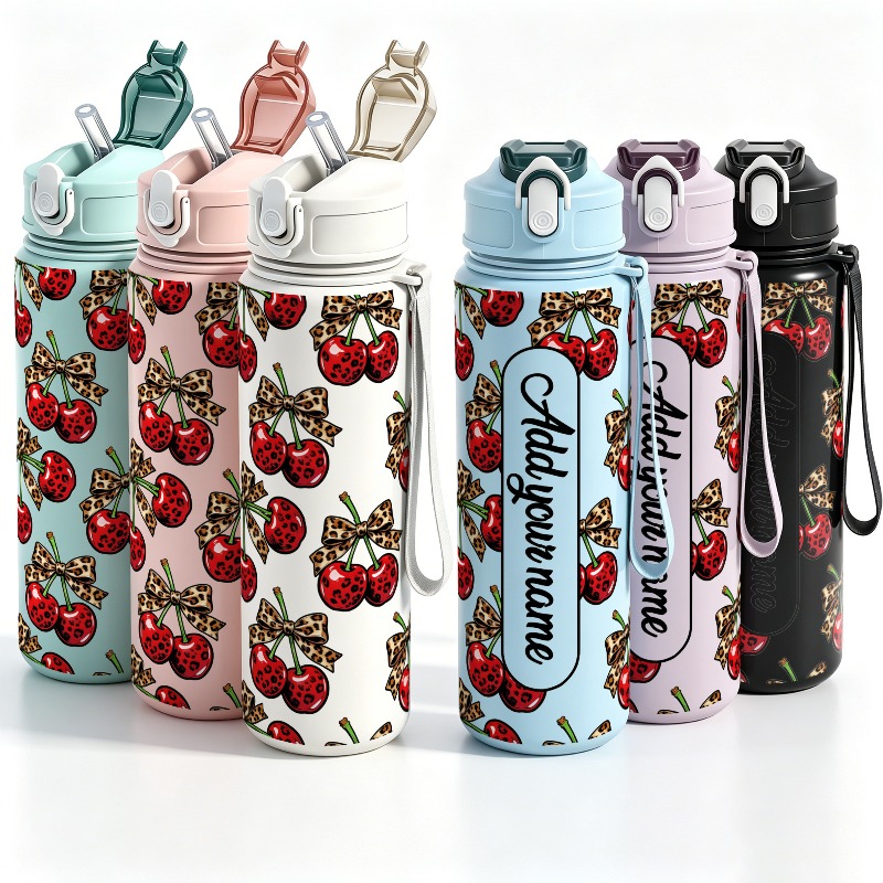 Sports Water Bottle Insulated - ขวดน้ำพลาสติกขนาดใหญ่ 25 ออนซ์ ลายเชอร์รี ป้องกันการรั่วซึม ปรับแต่งได้